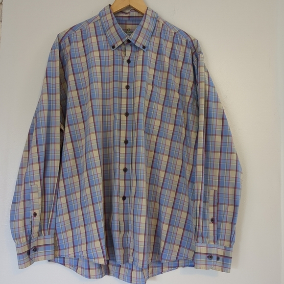 Alan Flusser Shirt Mens XXL Blue and Tan Plaid Casual Buisness Cotton Long - Picture 1 of 7